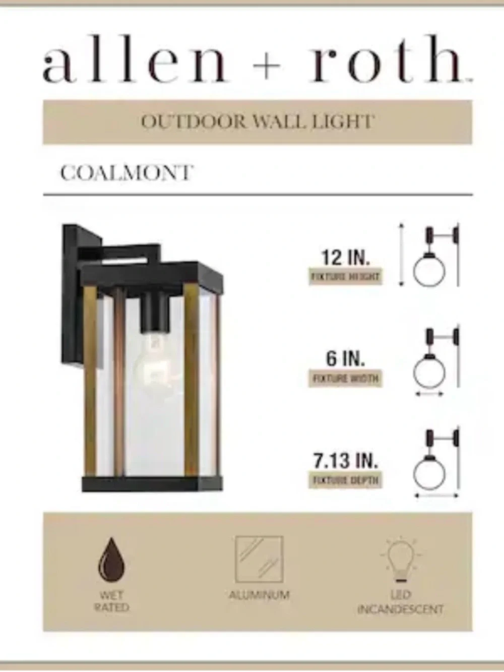Allen + roth Coalmont 1 -Light 12-in H Black Hardwired Outdoor Wall Light